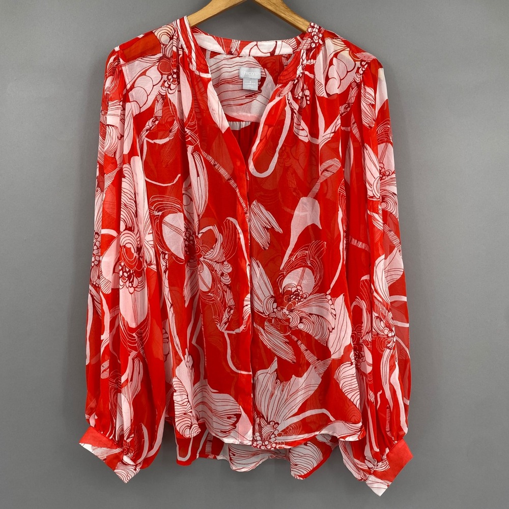 Chicos Floral Chiffon Button Up Shirt Womens Size 3 XL Red White Balloon Sleeve